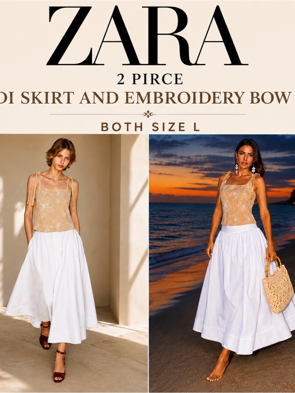VIRAL ZARA ( 2 PIRCE MIDI SKIRT AND EMBROIDERY BOW TOP SIZE L 
🚨NO DISCOUNT
